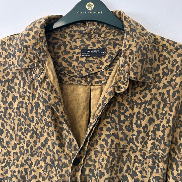 zara permium denim womens uk 16 leopard print brown collared long sleeve top - Picture 5 of 8